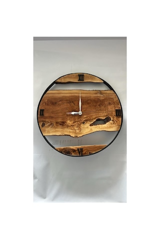 48 Cm El Yapımı Doğal Zeytin Ağacı Epoksi Detaylı Dekoratif Duvar Saati Modern & Artizan Tasarım Kahverengi