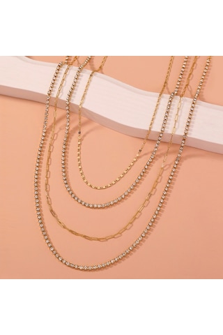 Chavin 2 Katmanlı Taşlı Gold Alloy Kadın Zincir Kolye En24 Altın