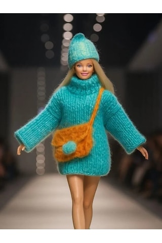 Barbie Bebek İçin El Örgüsü Kazak Çanta Şapka Üçlü Kombin Barbie Bebek Dahil Değildir -15935