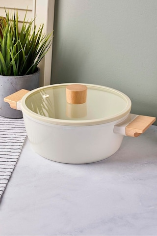 Cookwood Beige İndüksiyon Tabanlı Ahşap Kulplu Kapaklı Seramik Derin Tencere 20 Cm Bej Bej