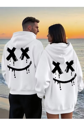 Nevermind Sevgili Çift Kombin Gülümseme Baskılı Renk Kapüşonlu Sweatshirt 2li Set Takım 3 İplik Pamuk Beyaz