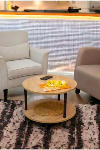 Yüksek Kalite Orta Sehpa 2 Raflı Ahşap Ayaklı Yuvarlak Gazetelikli Dekoratif Lüks Sehpa Safir Meşe