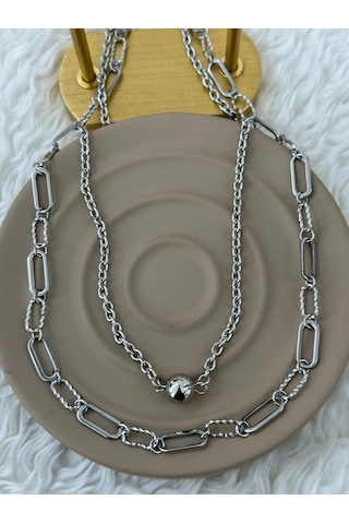 Premium Gümüş Renk Parlak Ve Şık Çift Katlı Modern Top Zincir 316l Çelik Kadın Kolye 45cm