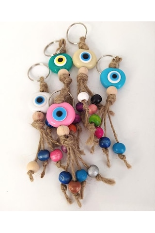 5 Adet Anahtarlık Karışık Renkli Kötü Göz Kovucu Nazar Hand Made Hasır Renkli Ahşap Boncuklu Nazarlık Çanta Araba Süsü