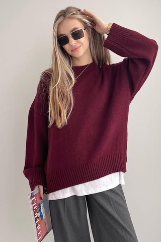 Madmext Bordo Bisiklet Yaka Oversize Triko Kazak Mg1972 Bordo