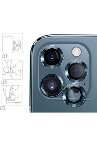 Ally Apple Uyumlu iPhone 12 Pro 3D Metal Çerçeveli Kamera Lens Koruyucu Mavi