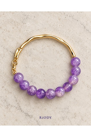 Riody Onde Violette Mor Yuvarlak Boncuklu Gold Renkli Dalgalı Metal Detaylı Zarif Kadın Bileklik Açık Mor