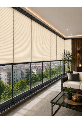 Plise Perde Krem Kumaş + Antrasit Profil Kasa Cam Balkon Perdesi