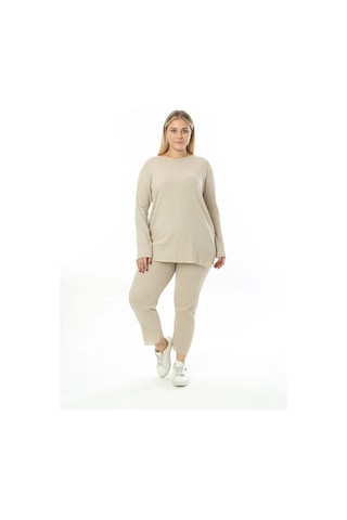 Modasehle Büyük Beden Uzun Kollu Yüksek Bel Beli Lastikli Yırtmaçlı İnce Pijama Takım Uzun-krem