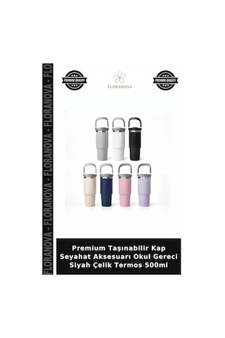 Premium Taşınabilir Kap Seyahat Aksesuarı Okul Gereci Siyah Çelik Termos 500ml