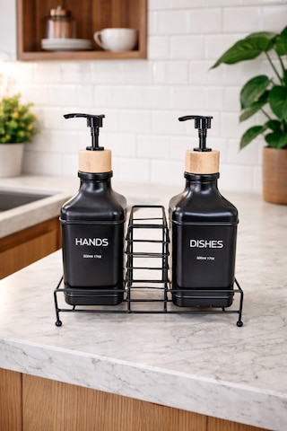 Makri Home Stantlı Bambu Kapaklı İkili Cam Sıvı Sabunluk & Deterjanlık Seti 2 500 Ml, 22,5 8,5 24 Cm Siyah