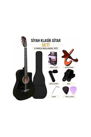 Siyah Kesik Kasa Klasik Gitar Seti 8 Parça Full Paket Kılıf, Akort Aleti, Stand, Askı Ve Pena Dahil Başlangıç Gitarı
