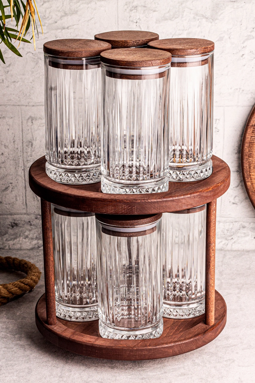 Tomira - 9 Parça Ahşap Döner Standlı Vakumlu Kapaklı Cam Saklama Kabı Baharatlık Seti 450 Ml Ahşap