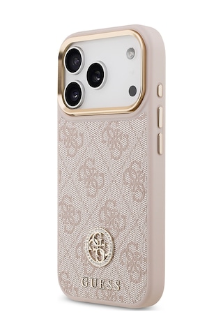 Apple Uyumlu iPhone 17 Pro Kılıf Guess Lisanslı M-safeli Gold Metal Kamera Çerçeveli Taşlı 4g Logolu Pembe Pembe