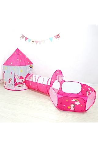 Unicorn Çocuk Oyun Çadırı, 3'ü Bir Arada, Top Havuzu, Oyun Çadırı, Oyun Tüneli - Top Havuzlu Çadır Açık Pembe