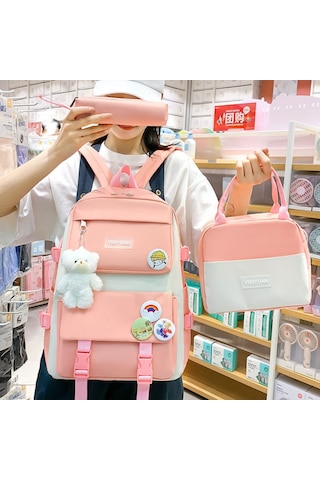 Yeiuyi Öğrenci Okul Çantası Öğle Yemeği Çantası Kalem Çantası Üç Parça Seti Pembe