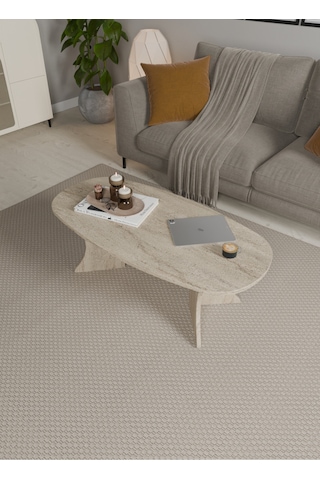 Oval Orta Sehpa Geniş Yüzeyli, Stabil Ayaklı Modern Salon Sehpası Bej