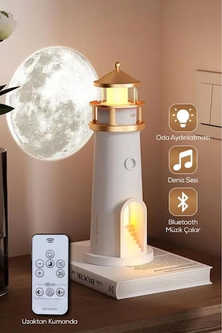 Deniz Feneri Görünümlü Bluetoothlu Hoparlör Ve Gece Lambası Hediy Beyaz
