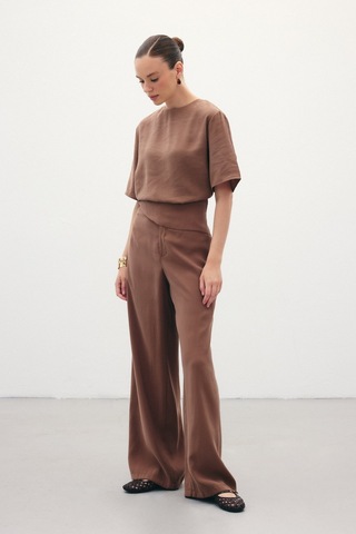Sateen Kemer Detaylı Modal Pantolon - Kahve-136372 Kahve