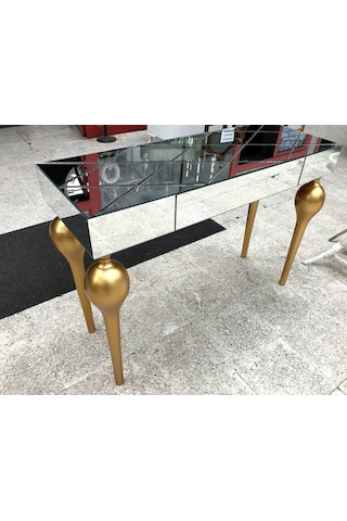 Dresuar TOMBUL Model Ahşap Kayın Torna Parlak Gold renk ayak Siyah Füme Ayna Kutuda sevk El Yapım Siyah