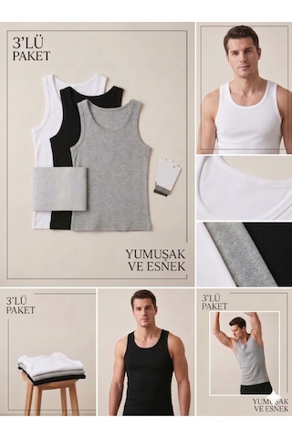 Nacar Store Erkek 3'lü Paket %100 Pamuklu Penye Atlet Siyah-gri-beyaz Renk
