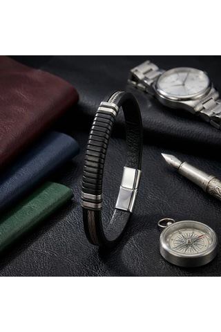 Moncuk Design Siyah Deri Ve 316l Halat Çelik Erkek Bileklik 33514b19d2