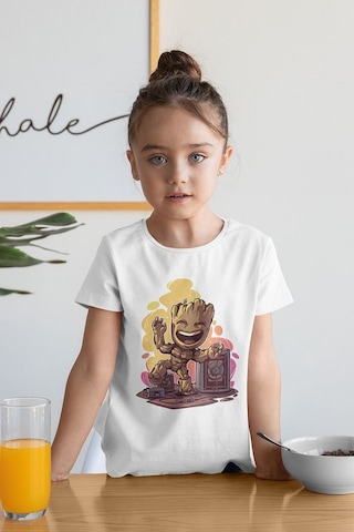 Sevbano Avengers Groot Baskılı Unisex Yenilmezler Film Çocuk Tişört 1-12 Beyaz