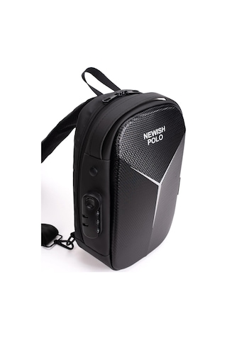 Newish Polo Erkek Şifreli Kilitli Su Geçirmez Tek Sırt Askılı Sling Bag Usb Ve Kulaklık Çıkışlı Çapraz Omuz Ve Sırt Çantası Siyah-02