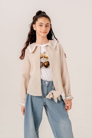 Kız Çocuk Su Taşlı Gömlek T-shirt İkili Takım 1805 Bej