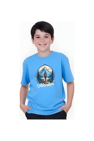 Panios Kids Adventure Baskılı Erkek Çocuk Yuvarlak Yaka Kısa Kollu T-shirt Mavi