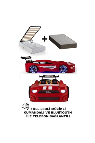 Kırmızı Arabalı Yatak Sport Mst Full Ledli Kumandalı Baza Ortopedik Yatak 90x190 Cm