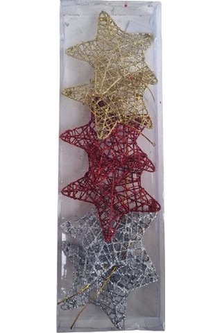 6 Adet Yılbaşı Ağacı Tel Yıldız Süs 8 Cm - Kırmızı, Gümüş, Altın Renkli 3 Boyutlu Lüks Dekorasyon Seti Özel Pvc Kutulu