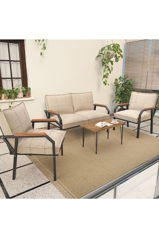 Mygusi Hayal Balkon, Bahçe, Cafe - Metal Kanepe Koltuk Takımı - 2+1+1 Sehaplı Krem