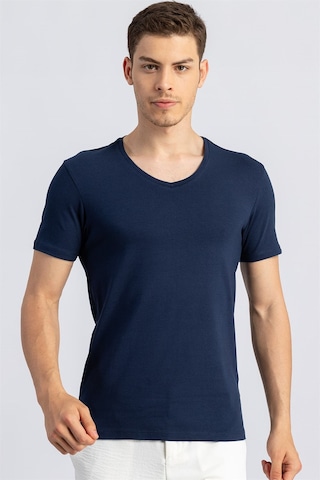 Tudors 16653 Slim Fit Dar Kesim V Yaka Kısa Kol Basic Erkek Tişört Lacivert