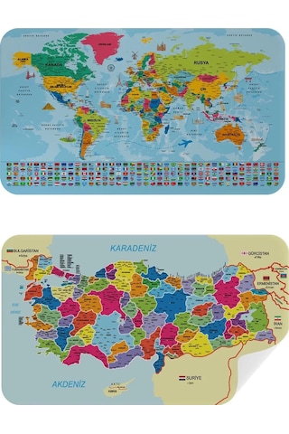 Türkçe Dünya Ve Türkiye Haritası Ülke Bayraklı Çocuk Ve Genç Odası Duvar Sticker-60x105-3882bayrak Renkli