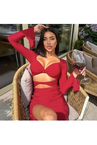 Pink Life Flare Kollu Seksi Bodycon Kırmızı Mini Elbise