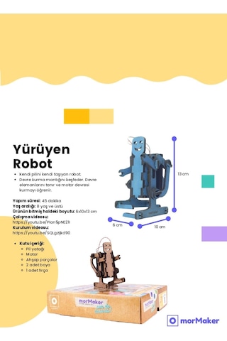 Türk Malı Yürüyen Robot Dc Motorlu Ahşap Oyuncak Stem-a Set Çocuklar İçin Boyanabilir Maket