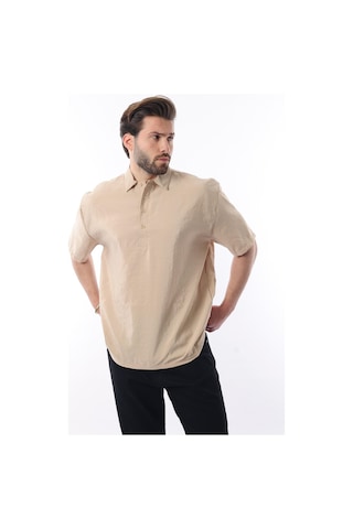 Madmext Bej Oversize Rahat Kesim Kısa Kollu Gömlek 6744