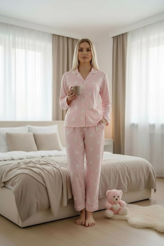 Burcumay Kadın Kalpli Desenli Süet Gömlek Yaka Uzun Kol Pembe Kışlık Pijama Pembe
