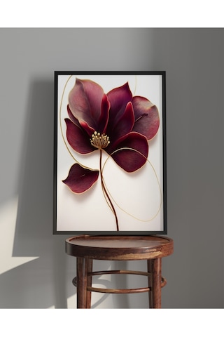 Tablo Ahşap Çerçeveli Tablo Çerçeveli Poster Bordo Altın Çizgili Çiçek Temalı Tablo