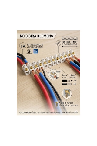 No:3 Sıra Klemens 12 Li Set - 6-10 Mm² Yanmaz Isıya Dayanıklı Kablo Konnektörü