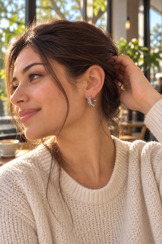 Kadın Çelik Küpe Çift Sıra Zincir Model Halka Küpe Modern Ve Şık Tasarım Gümüş