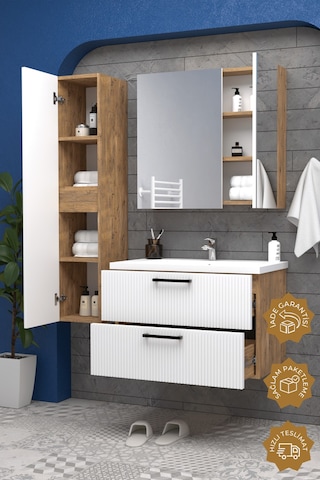 Teta Home Havana 65 Cm Mdf Gövde Membran Kapak Banyo Dolabı Seti + Boy Dolabı Atlantik Çam - Beyaz