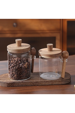 Qerhome 2'li Borosilikat Cam Akasya Kapaklı Ve Akasya Kaşıklı Cam Kavanoz Seti 450 Ml - 550 Ml Şeffaf