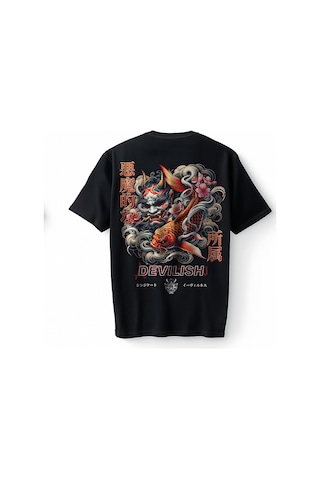 Bumeta Devilish Oni Mask Koi Balığı Japon Anime Baskılı Oversize Unisex Tişört T-shirt Siyah
