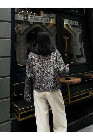 Cemo Leopar Desenli Kaşe Kısa Kaban Ceket Leopar
