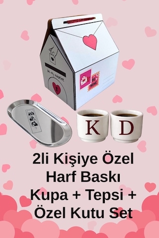 2 Li Kişiye Özel Harf Baskılı Sevgililer Günü Fincan & Tepsi Hediye Seti Özel Kutusunda Krem - 836800041 Krem