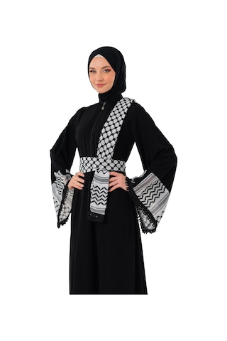 Zaytoon Fermuarlı Filistin Kefiye Desenli Geniş Püsküllü Kolları Dik Yakalı Siyah Filistin Elbise C100049 Siyah