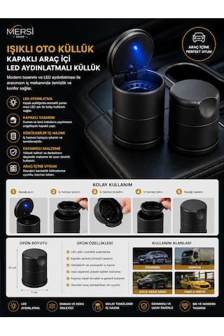 Işıklı Oto Küllük Kapaklı Araç İçi Led Aydınlatmalı Küllük