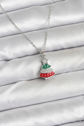 Zarif Boyunlar İçin Silver Çelik Ren Çam Ağacı Zirkonlu Yılbaşı Tema Kadın Kolye Metalik